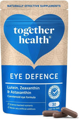 Together Health Eye Defence supplement packaging featuring lutein, zeaxanthin, astaxanthin for eye health.