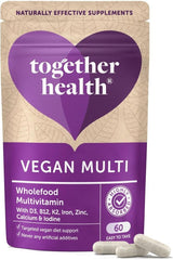 Together Health Vegan Multi supplement packaging with capsules, rich in D3, B12, K2, Iron, Zinc, Calcium and Iodine.