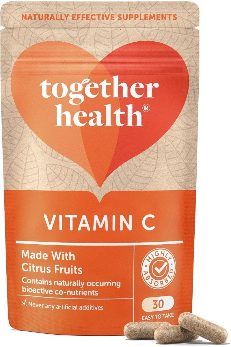 Together Vitamin C supplement with bioflavonoids in a citrus fruit capsule packaging, 30 capsules.