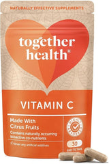 Together Vitamin C supplement with bioflavonoids in a citrus fruit capsule packaging, 30 capsules.