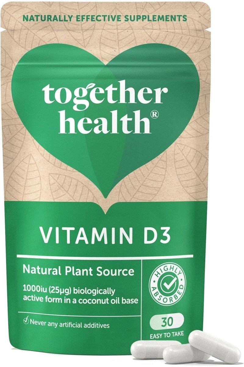 Together Health Vitamin D3 supplement with coconut oil, 1000 IU, 30 capsules, promoting immunity and bone health.