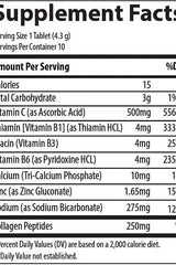 Supplement facts label for Trace Minerals Collagen Effervescent, detailing nutrients per tablet.