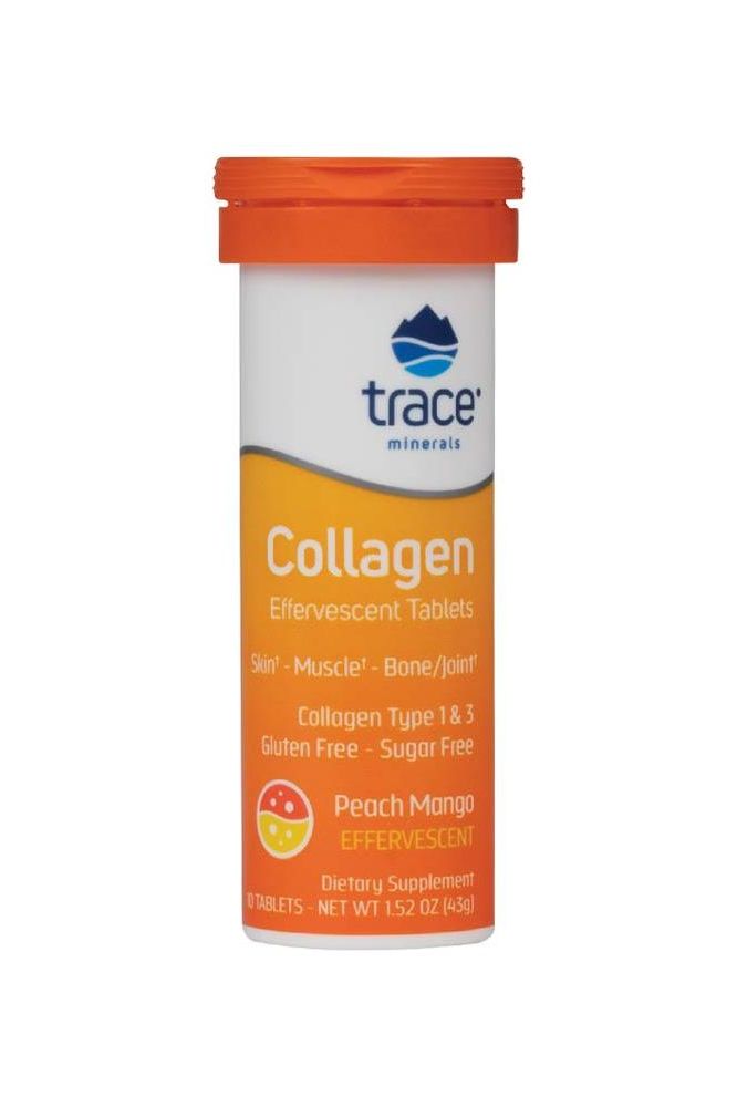 Trace Minerals Collagen Effervescent Tablets, Peach Mango flavor, gluten-free and sugar-free dietary supplement.