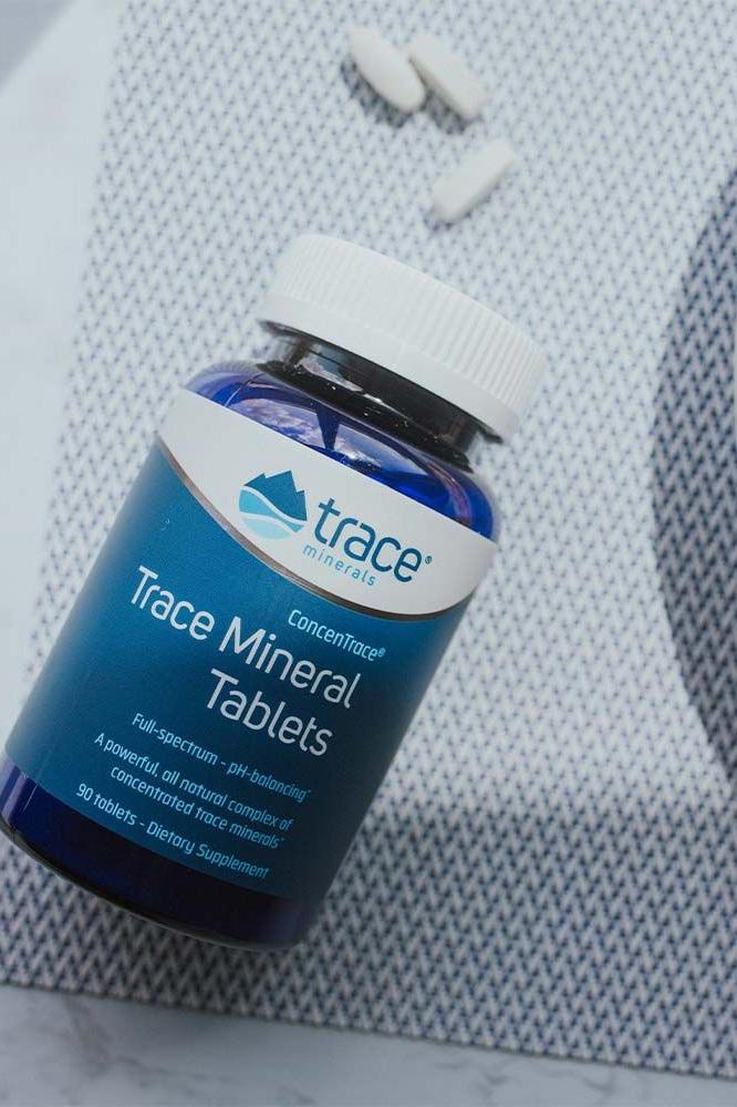 Trace Minerals ConcenTrace Trace Mineral Tablets bottle with pills, dietary supplement for optimal energy and health. Trace Minerals ConcenTrace Trace Mineral Tablets bottle with pills, dietary supplement for optimal energy and health.
