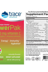 Trace Minerals Electrolyte Stamina Power Pak supplement facts label with vitamin C, electrolytes, and low sugar content.
