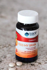 Trace Minerals Feed My Brain supplement bottle for kids, featuring fruit punch flavor and 60 chewable tablets.