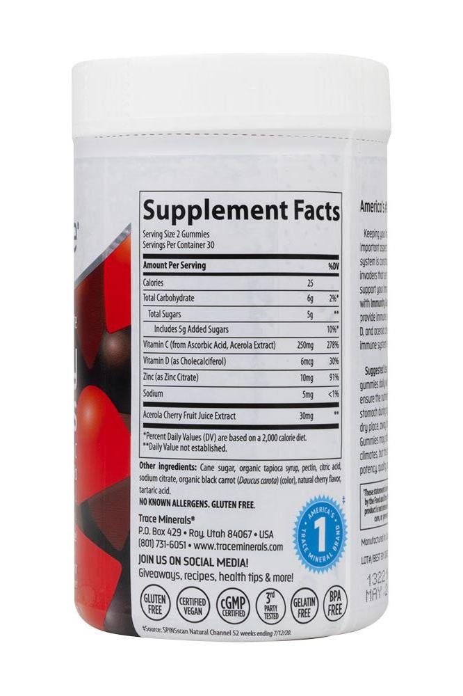 Supplement facts label for Trace Minerals Immunity Gummies, detailing ingredients and nutritional information. Supplement facts label for Trace Minerals Immunity Gummies, detailing ingredients and nutritional information.