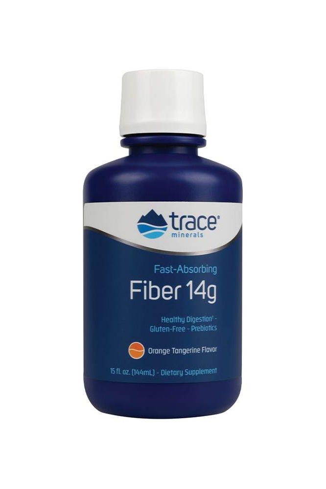 Trace Minerals Liquid Fiber 14g 144ml bottle for digestion and weight loss in orange tangerine flavor.