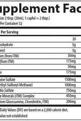 Supplement facts for Trace Minerals Liquid Glucosamine/Chondroitin/MSM, highlighting key nutrients and serving sizes.