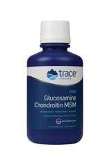 Bottle of Trace Minerals Liquid Glucosamine, Chondroitin, MSM, Blueberry, 473 ml dietary supplement for joint health.