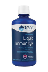 Trace Minerals Liquid Immunity+ in mixed berry flavor, featuring elderberry and zinc for immune support, 30 oz bottle.
