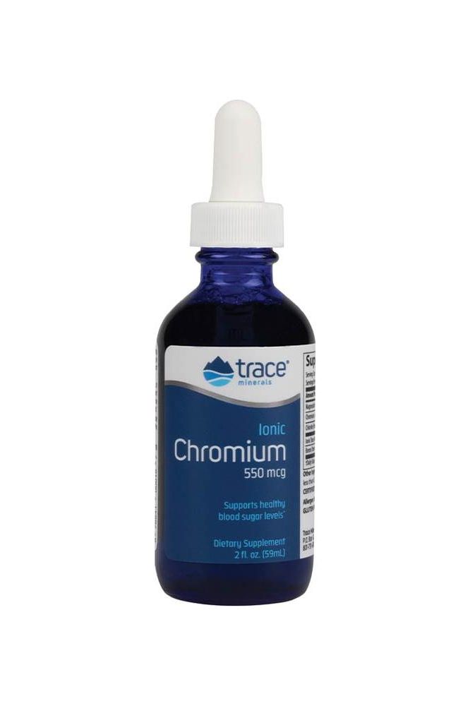 Trace Minerals Liquid Ionic Chromium 550 mcg in a blue dropper bottle, supports healthy blood sugar levels.