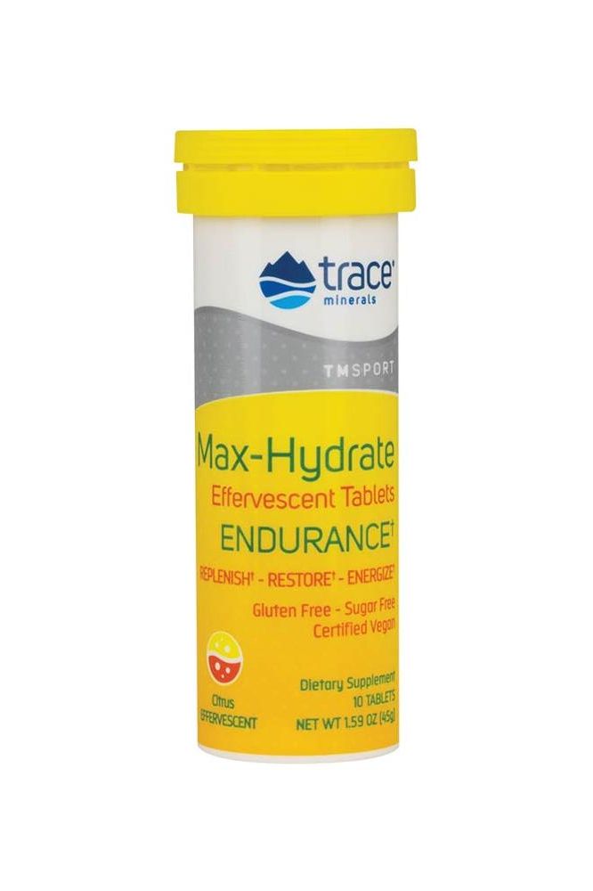 Trace Minerals Max-Hydrate Endurance effervescent tablets in citrus flavor for hydration and muscle support. Trace Minerals Max-Hydrate Endurance effervescent tablets in citrus flavor for hydration and muscle support.