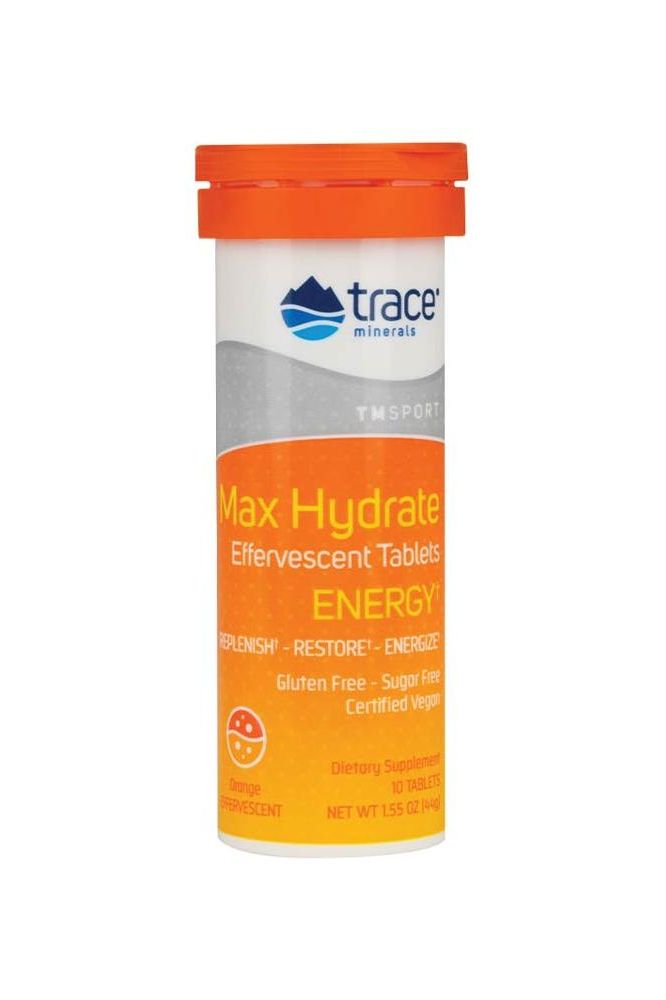 Trace Minerals Max-Hydrate Energy effervescent tablets in orange tube for hydration and muscle support.