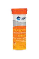 Trace Minerals Max-Hydrate Energy effervescent tablets in orange tube for hydration and muscle support.