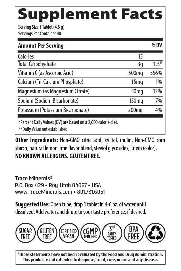 Supplement facts label for Trace Minerals Max-Hydrate Immunity effervescent tablets, indicating nutrition and ingredients. Supplement facts label for Trace Minerals Max-Hydrate Immunity effervescent tablets, indicating nutrition and ingredients.