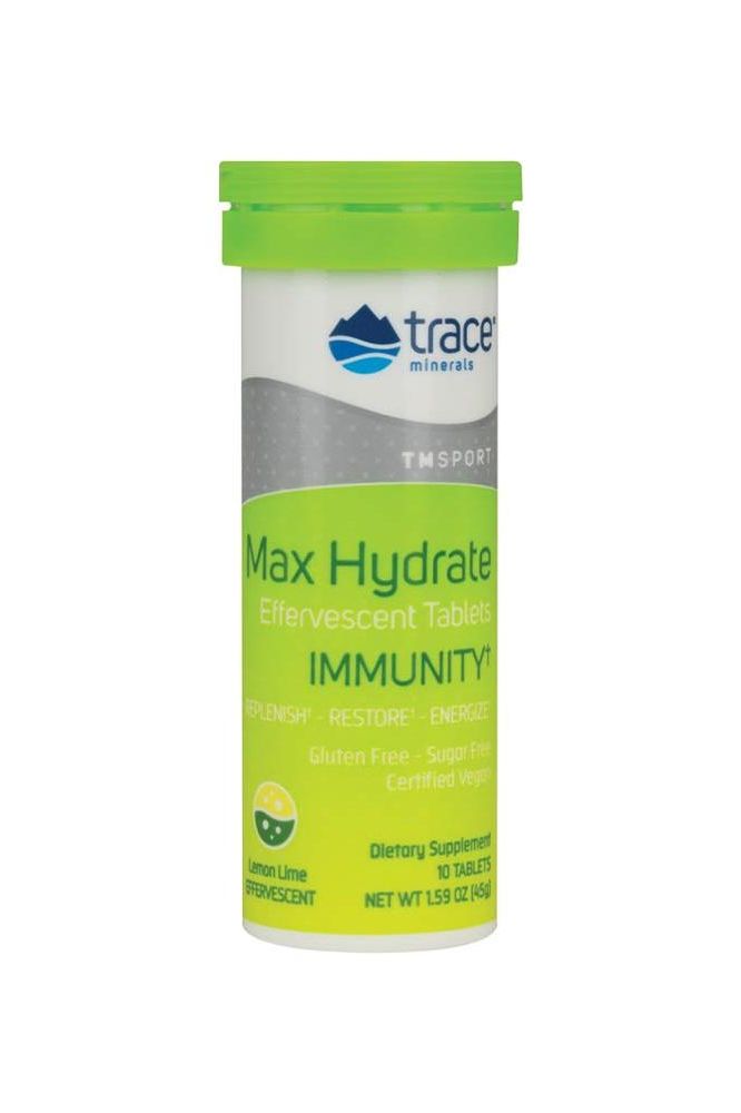 Trace Minerals Max-Hydrate Immunity effervescent tablets in Lemon Lime flavor, perfect for hydration and muscle support. Trace Minerals Max-Hydrate Immunity effervescent tablets in Lemon Lime flavor, perfect for hydration and muscle support.