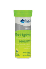Trace Minerals Max-Hydrate Immunity effervescent tablets in Lemon Lime flavor, perfect for hydration and muscle support.