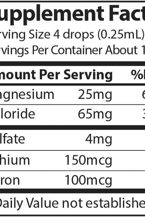 Supplement facts for Trace Minerals Optimal-pH showing mineral content and serving size. Supplement facts for Trace Minerals Optimal-pH showing mineral content and serving size.