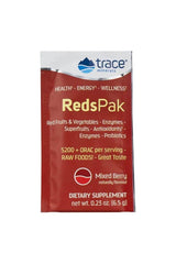Trace Minerals Reds Pak dietary supplement packet, containing red fruits, vegetables, and antioxidants, mixed berry flavor.
