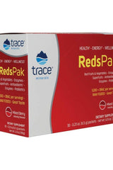 Trace Minerals Reds Pak dietary supplement box with red fruits and vegetables, enzymes, and antioxidants.