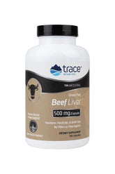 Trace Minerals TMAncestral Beef Liver supplement bottle, 500 mg per capsule, 180 capsules, nutrient-rich dietary supplement.