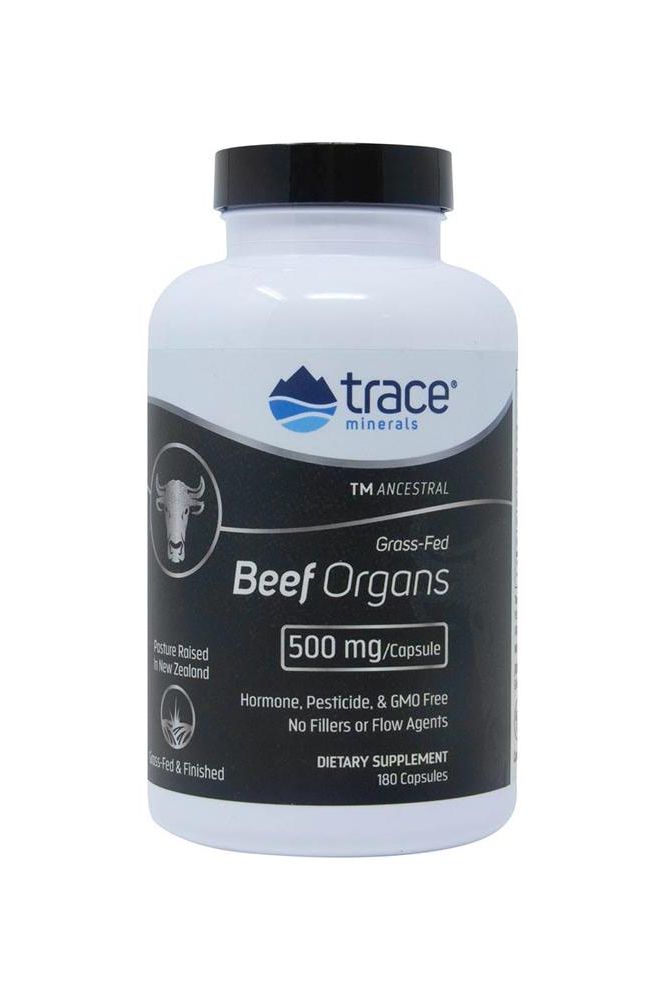 Trace Minerals TMAncestral Beef Organs supplement bottle, 180 capsules, rich in essential nutrients.