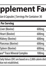 Supplement facts for Trace Minerals TMAncestral Beef Organs, detailing nutrient content per serving.