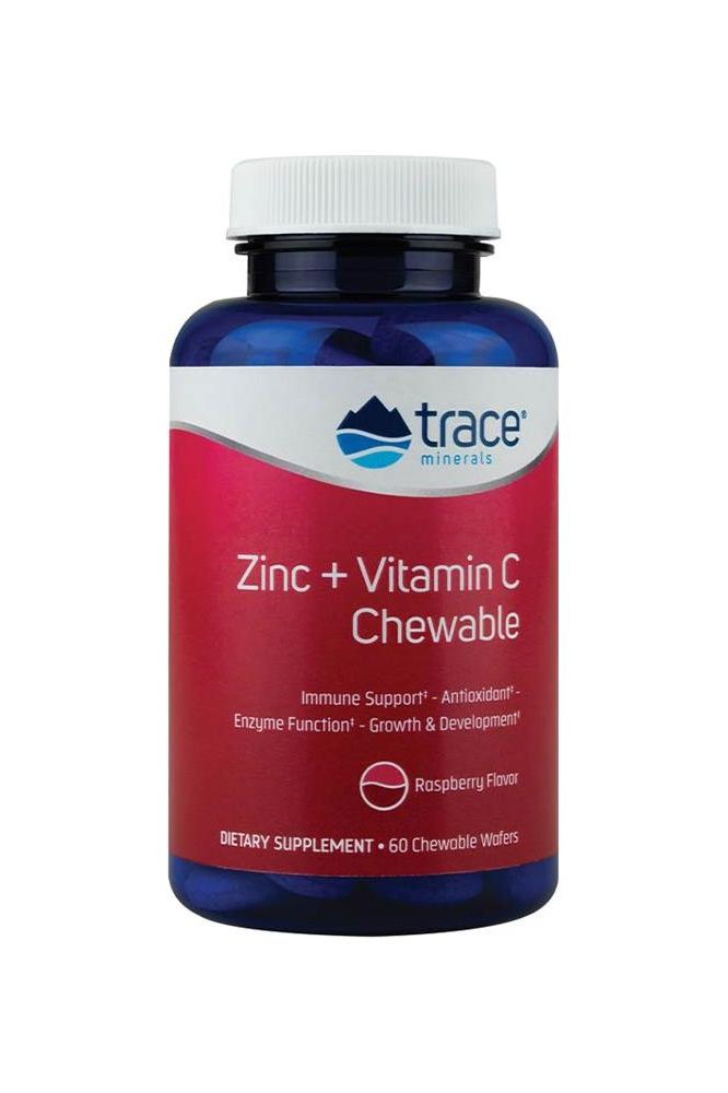 Trace Minerals Zinc + Vitamin C Chewable, Raspberry Flavor, 60 chewables for immune support and antioxidant benefits.