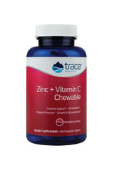 Trace Minerals Zinc + Vitamin C Chewable, Raspberry Flavor, 60 chewables for immune support and antioxidant benefits.