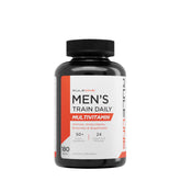 Rule One Men's Train Daily Multivitamin bottle, featuring 50 active ingredients and 24 essential vitamins.
