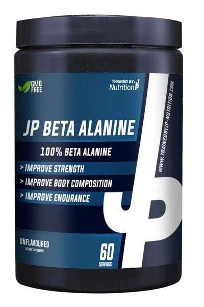 JP Beta Alanine 300g supplement for strength, endurance, and body composition improvement, vegan-friendly, unflavored.