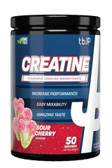 Trained by JP Creatine Monohydrate Sour Cherry flavor for enhanced strength and performance, 50 servings.
