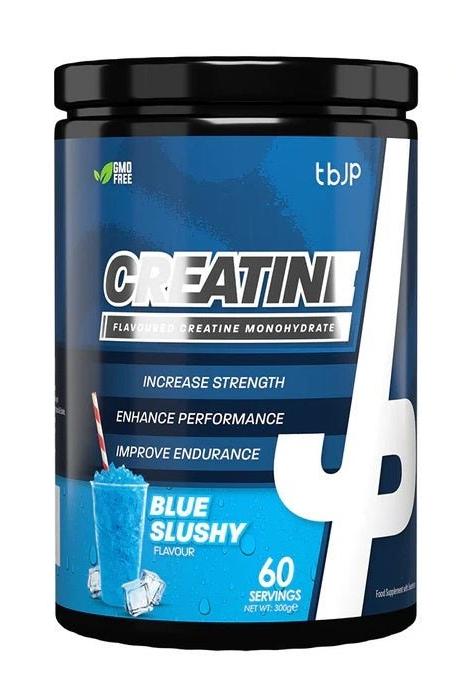 Trained by JP Creatine monohydrate in Blue Slushy flavor for enhanced strength and endurance, 60 servings.