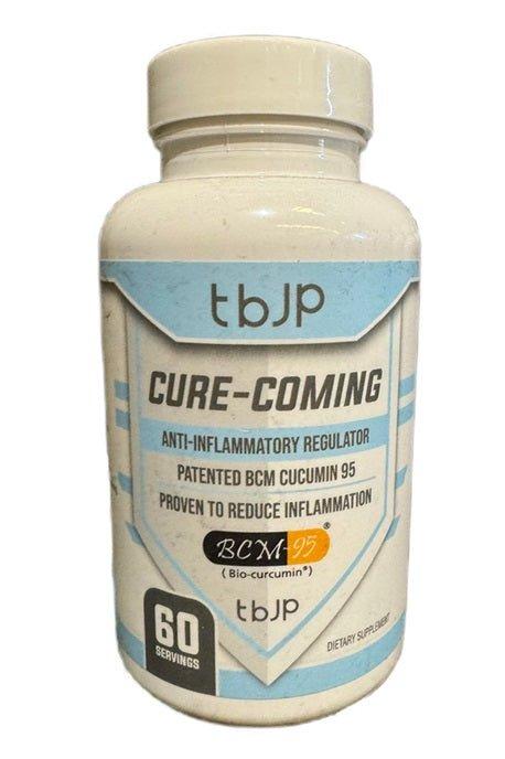 Trained by JP Cure-Coming supplement bottle with anti-inflammatory properties and 60 capsules.