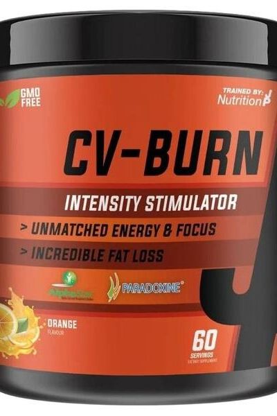 CV-Burn intensity stimulator supplement in orange flavor for energy, focus, and fat loss, featuring 60 servings.