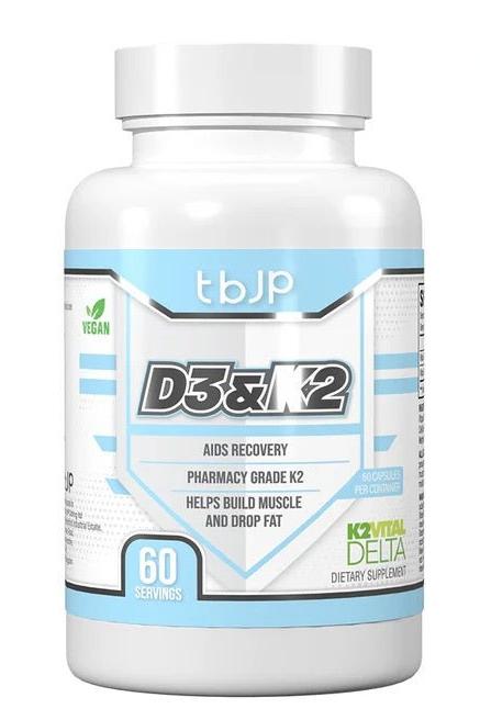 Trained by JP D3 & K2 supplement bottle with 60 vegan capsules for improved bone health and immune support.