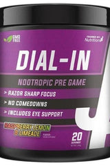 Dial-In nootropic supplement container for focus, featuring raspberry, lemon, and lime flavor, 20 servings.