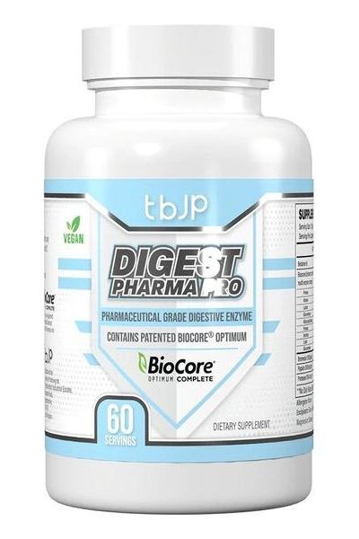 Digest Pharma Pro supplement bottle for optimal digestion with pharmaceutical-grade enzymes, vegan-friendly, 60 servings.