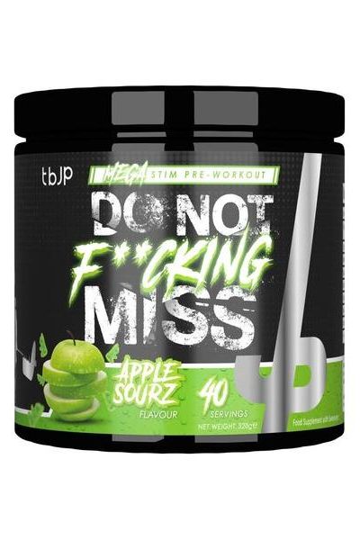 Trained by JP Do Not F**cking Miss pre-workout supplement in Apple Sourz flavor, designed for intense energy and focus.
