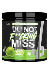Trained by JP Do Not F**cking Miss pre-workout supplement in Apple Sourz flavor, designed for intense energy and focus.