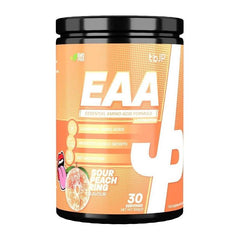 Trained by JP EAA + Hydration supplement with 30 servings in Sour Peach Ring flavor for muscle recovery and hydration.