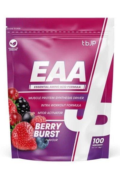 Trained by JP EAA essential amino acid formula in berry burst flavor, supports muscle growth and recovery.