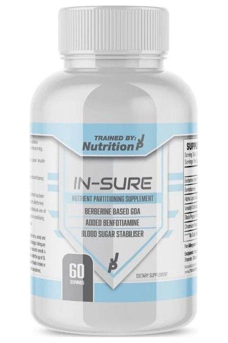 In-Sure nutrient partitioning supplement bottle for muscle growth and fat loss, with 60 servings and blood sugar stabilizer.