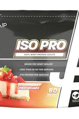 Trained by JP Iso Pro whey protein isolate packaging with strawberry cheesecake flavor and nutrient details.