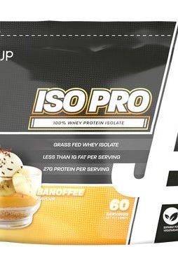 Trained by JP Iso Pro whey protein isolate bag featuring 60 servings and banoffee flavor, low fat, high protein.