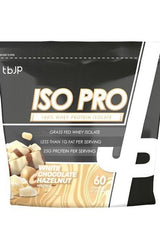 Trained by JP Iso Pro Whey Protein Isolate pack, white chocolate hazelnut flavor, 60 servings, grass-fed protein source.