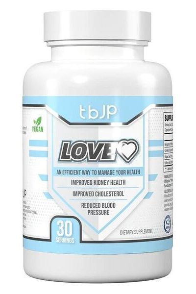 Love Heart supplement bottle by JP, vegan formula promoting heart and kidney health with 30 servings.