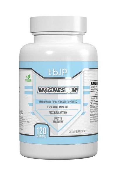 Trained by JP Magnesium supplement bottle with 120 vegan capsules for stress reduction and relaxation.