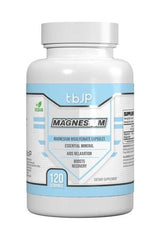 Trained by JP Magnesium supplement bottle with 120 vegan capsules for stress reduction and relaxation.